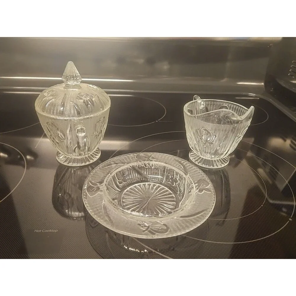 Vintage Jeanette Iris Herringbone Creamer, Sugar Bowl with Lid & Candy Dish
